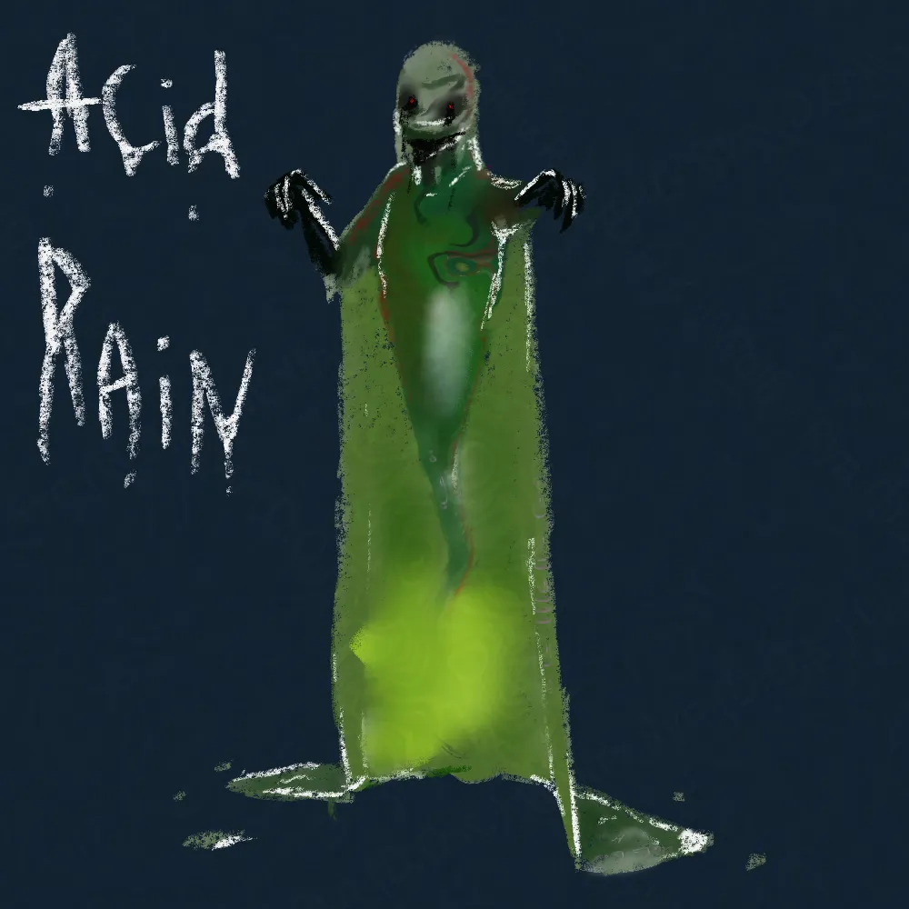 A dark green, floating, gnarly creature made from sludge and acid. It is shaped similarly to a ghost (missing legs), but has a cloak. The image is drawn in pastel