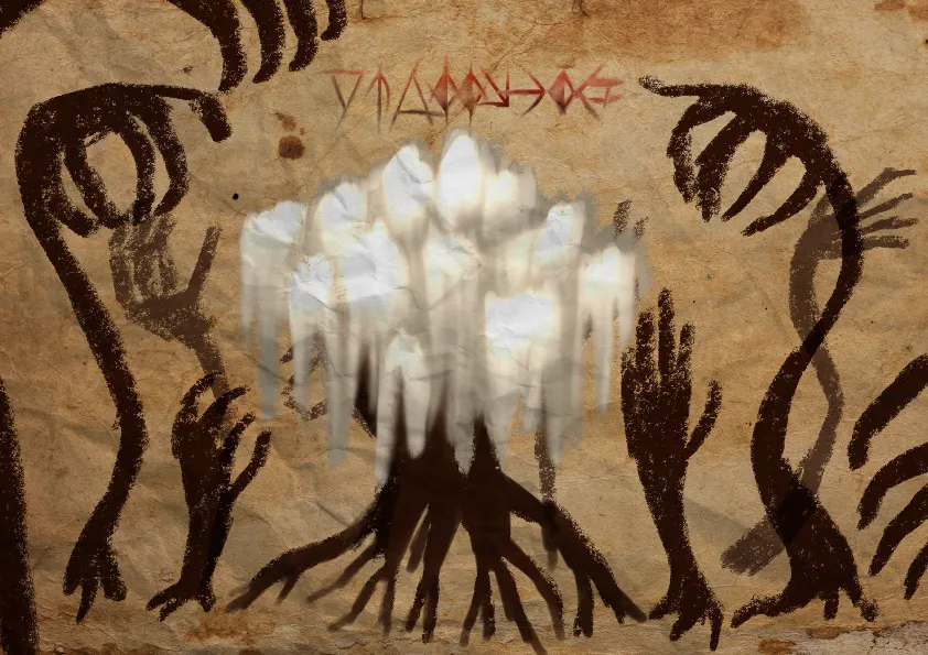 God-like mushroom entity, that looks similarly to lion's mane mushroom and has hands made from roots. The drawing looks like an ancient scroll. The entity's name is written in incomprehensible runes on top of the drawing.