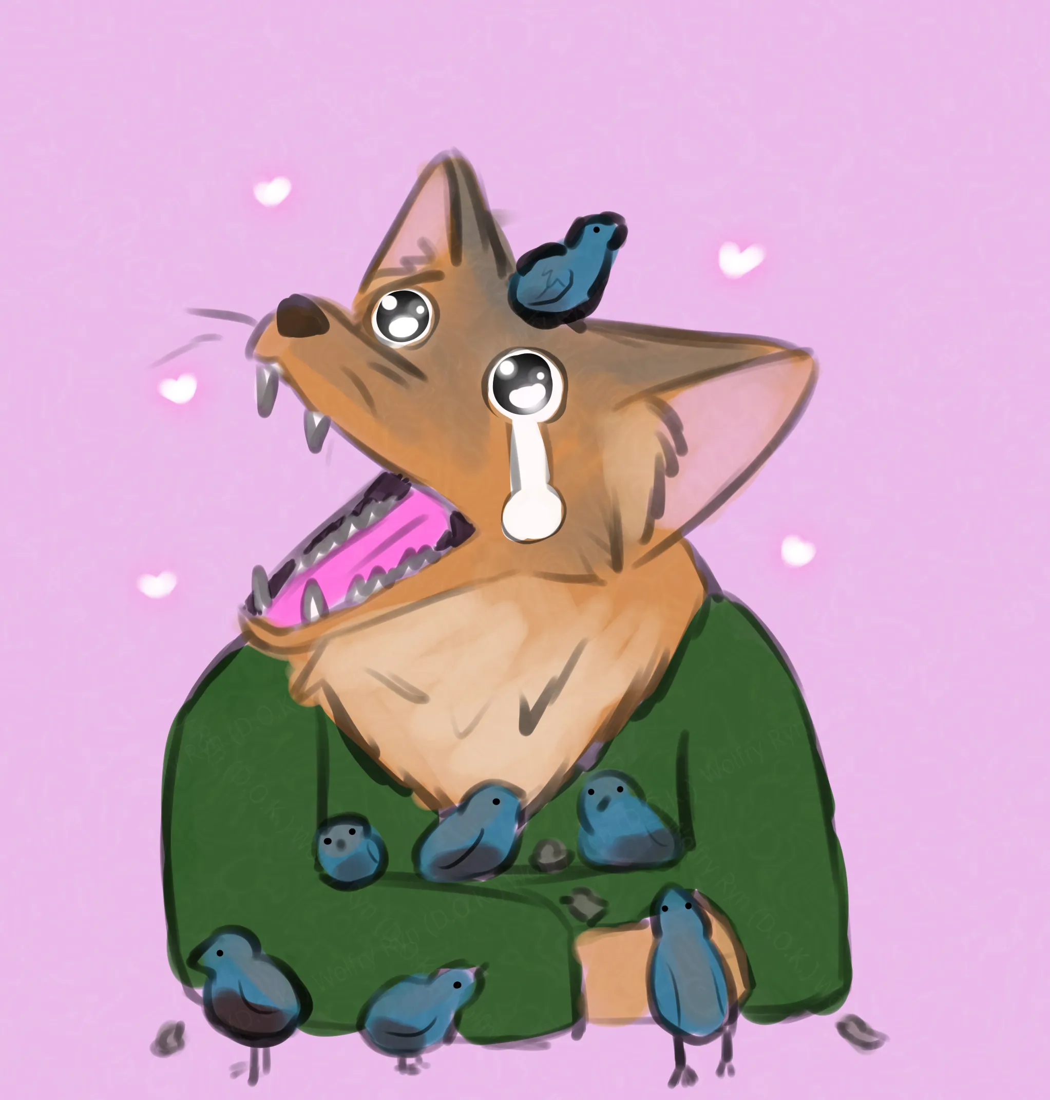 An anthro coyote, wearing a green sweater, cries from joy of hugging quails