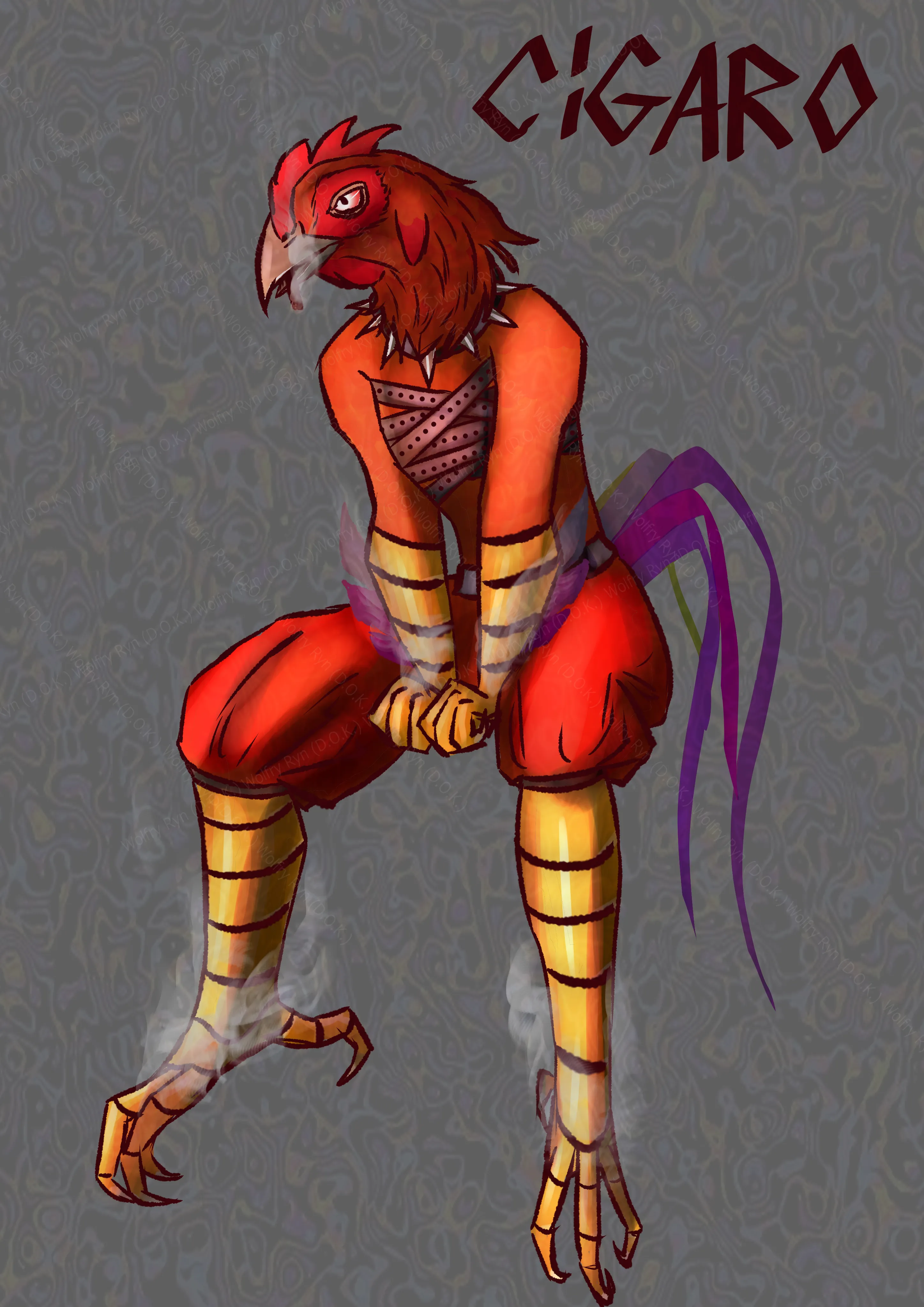 A chicken person sitting on an invisible box. They are dressed in belts, wide short pants, and a spiked collar. The chicken person is smoking a cigar.