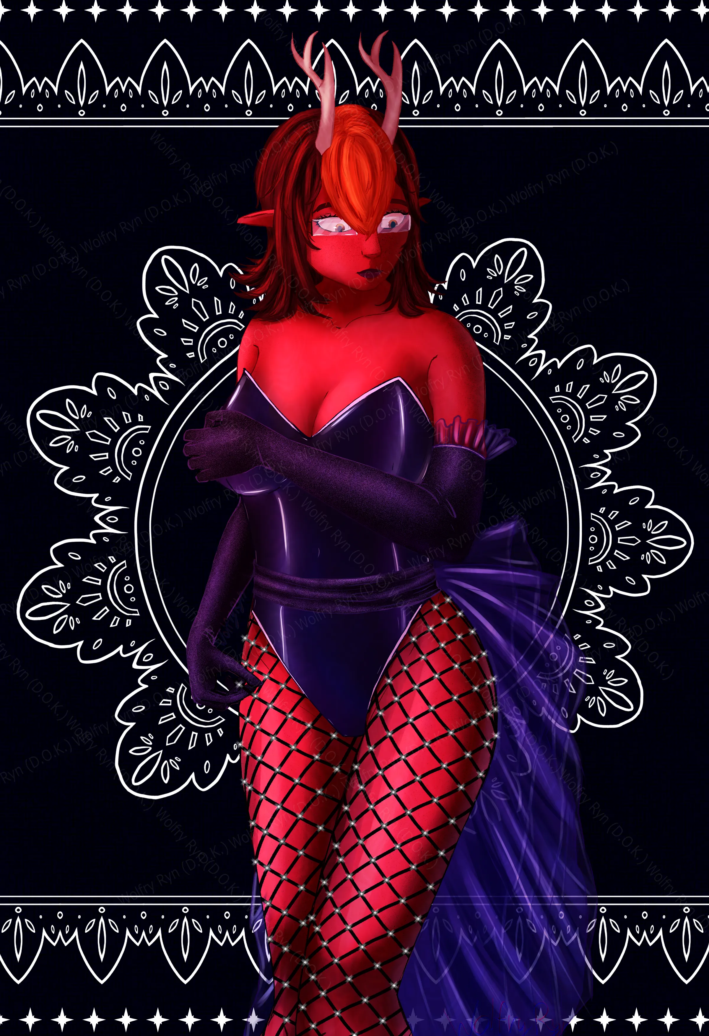 A shy demon girl dressed for boudoir