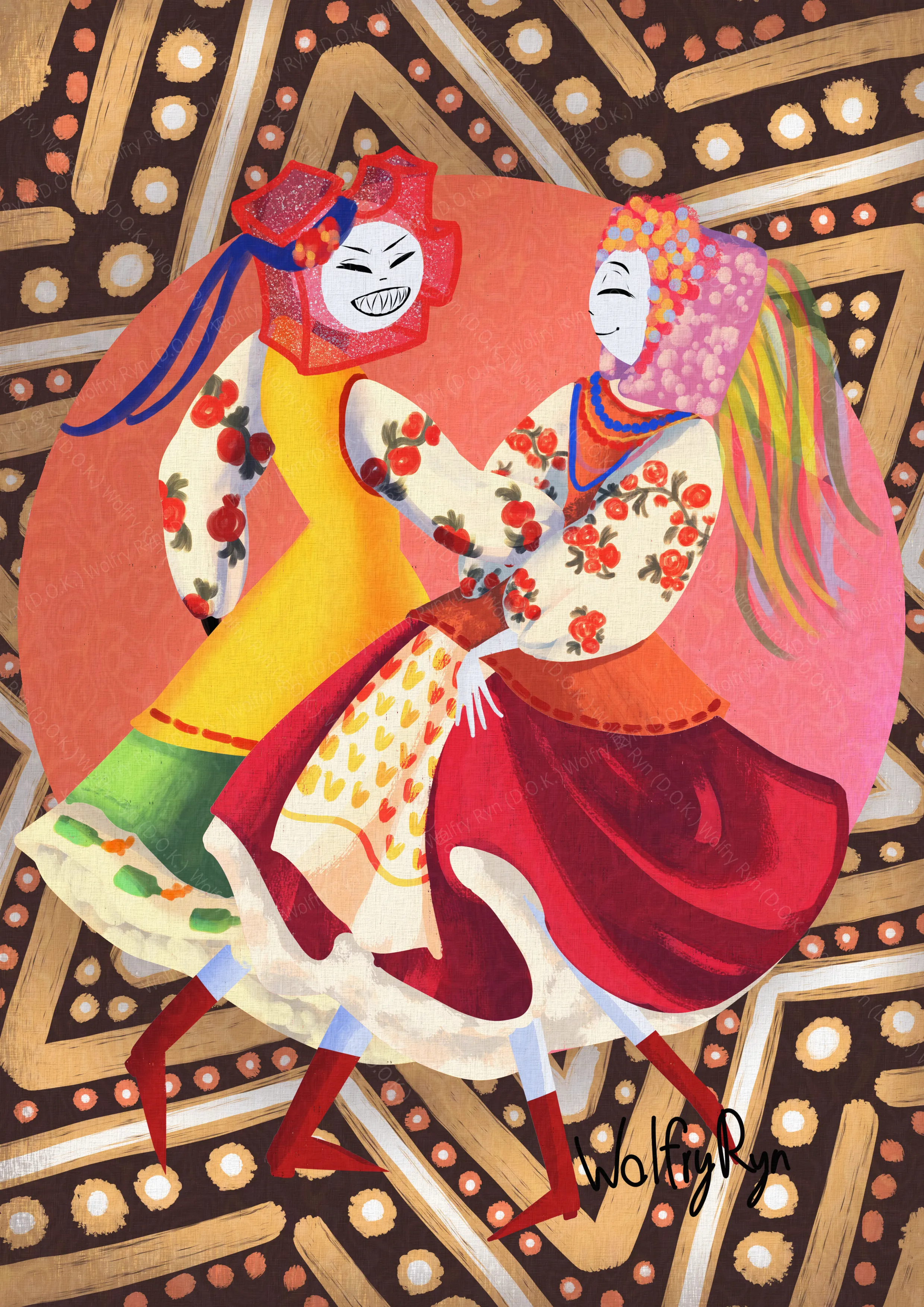 Puzzle and Sling, from their respective short film, dressed in traditional ukrainian clothes and dancing
